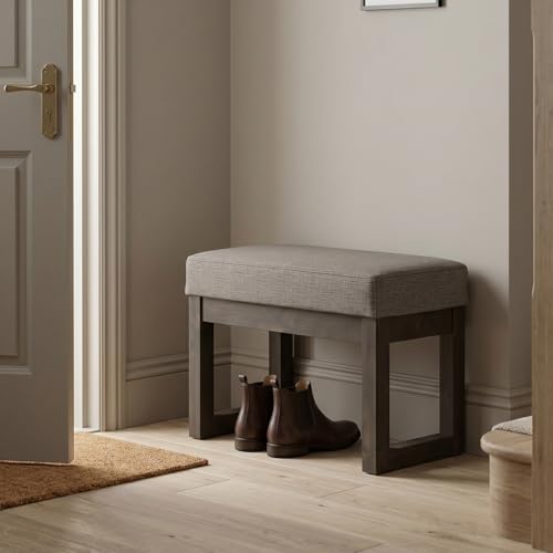 SIMPLIHOME Milltown 27" Wide Tweed Look Fabric Ottoman in Platinum