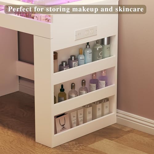 HUAHUU Vanity Desk with Lighted Mirror & Transparent Top, Makeup Vanity Desk with 4 Transparent Drawers and RGB Lighting, Built-in Power Outlet, 3-Tier Side Shelves & Storage Organizer for Bedroom