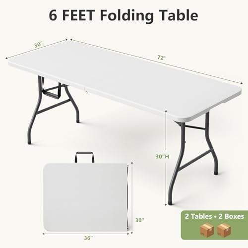 Folding Table 2 Pack, 6 FT Foldable Plastic Table with Carrying Handle, Heavy Duty Portable Fold-in-Half Utility Table for Party, Camping, Banquet, Craft, Wedding, Indoor & Outdoor Use