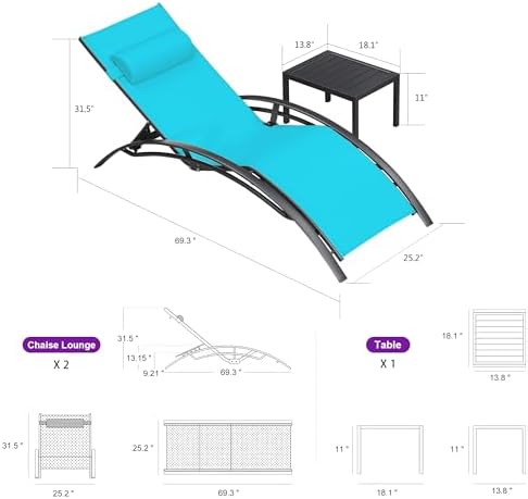 PURPLE LEAF Patio Pool Lounge Chaise Set of 3 Outdoor Chair, Turquoise Blue | 2 Chaise + 1 Table, Aluminum Frame, UV Textilene Fabric, Adjustable Headrest & 5 Recline Angles, Stackable, S-Curve Backrest