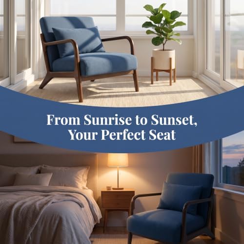 Komene Mid Century Modern Accent Chair Sitting Chair with Solid Wood Frame, Upholstered Living Room Lounge Armchair with Waist Cushion, Comfy Reading Chair for Bedroom Sunroom Office,Blue