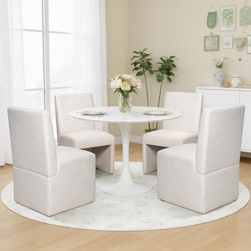 RNKSFX Beige Upholstered Dining Chairs Set of 6, Kitchen & Dining Room Chairs, Mid Century Modern Chairs, Linen Dining Chairs with Wooden Frame, Fabric
