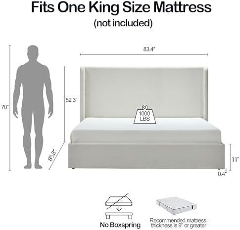 King 52.3" Tall Headboard Carmen Wingback Upholstered Platform Bed Frame Premium Textured Canvas Chenille Elegant Simplicity for Bedroom No Box Spring Needed Easy Assembly No Noise Ivory