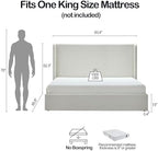 King 52.3" Tall Headboard Carmen Wingback Upholstered Platform Bed Frame Premium Textured Canvas Chenille Elegant Simplicity for Bedroom No Box Spring Needed Easy Assembly No Noise Ivory