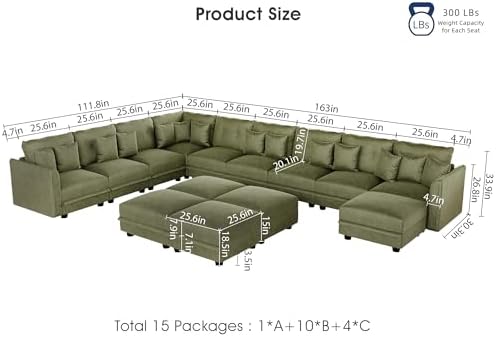 LLappuil 14-Seat Modular Sectional Sofa with Storage, 163" Oversized U-Shaped Corduroy Couch with 10 Throw Pillows, Pet-Friendly Convertible Pit Sofa for Large Spaces, Skin-Friendly, Green