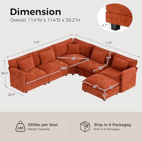 ELUCHANG 114" Oversized Modular Sectional Sofa, Comfy Chenille Cloud Couch, 6-Seater V Shaped Modern Deep Seat Sofa w/Removable Covers for Living Room, Bedroom, DIY Combination - Terracotta