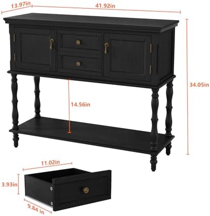 ARTPOWER Console Table with 2 Drawers, Retro Entryway Table with 2 Door | Solid Wood Veneer Entry Table, Behind Couch Sofa Table with Open Storage Shelf for Living Room, Foyer, Hallway