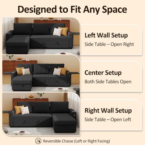 Ball & Cast 80" Sectional Sleeper Sofa Bed Pull Out Couches for Living Room | L Shaped Convertible Pull Out Sofa Bed with Storage Chaise, LED Lights, Foldable Table, USB Ports, Cup Holder and Side Pocket