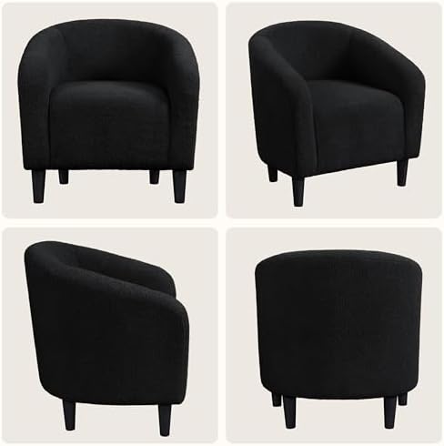 Yaheetech Small 25.5in Wide Sherpa Barrel Accent Chair for Bedroom, Black | Compact Cozy Barrel Chairs with a Curved Silhouette, Upholstered Furry Armchair for Small Spaces, Living Room Bedroom Corner