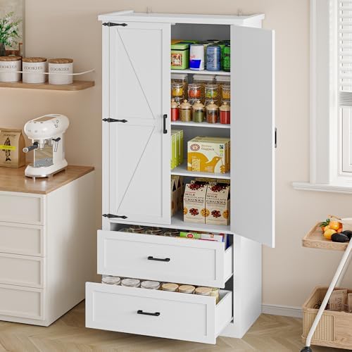 BORNOON Pantry Organizers and Storage Cabinet, 71” Barn Door White Kitchen Cabinet with Drawers and Adjustable Shelf, Tall Pantry for Kitchen, Dining Room, Living Room. Bathroom and Office