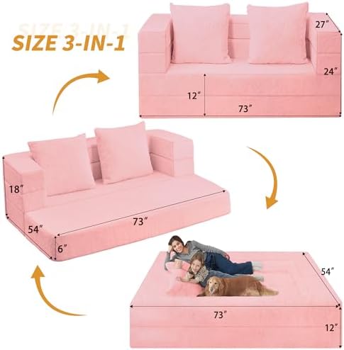Futon Sofa Bed with Pillow, 3-in-1 Sleeper Sofa Bed with Removable Cover | Convertible Floor Sofa Bed with Memory Foam Filled, No Assembly Couch for Living Room, Bedroom（Pink King）