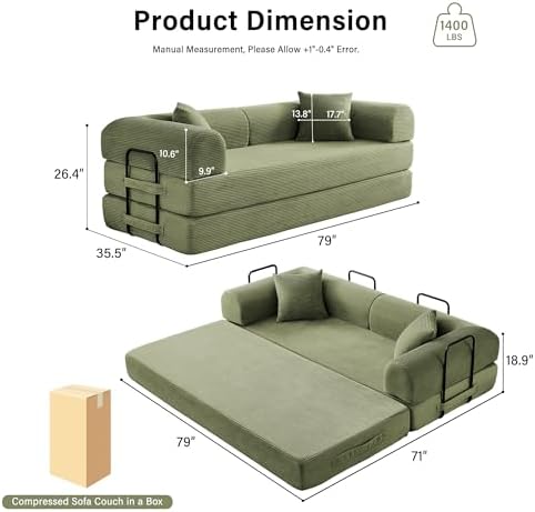 79" Convertible Sofa Bed, Sleeper Futon Couch for Living Room | 5-in-1 Sleeper Sofa, Pull Out Couches with Soft Corduroy, No Assembly Required, Apartment Friendly, Light Green