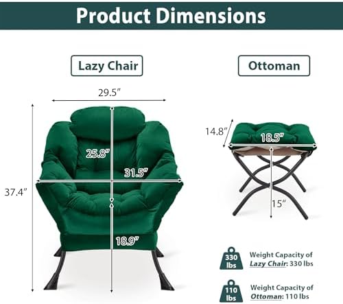 Youtanic Lazy Chair with Folding Ottoman, Accent Chair Velvet Upholstered with Metal Structure and Non-Slip Pads, Sofa Armchair with Footrest and Side Storage Bag for Dorm, Room, Office, Green
