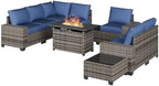 Aoxun 10-Piece Sectional Sofa with 44" Fire Pit, 4" Thicken Cushion, Widen Armrests Wicker for Backyard with Coffee Table, Blue