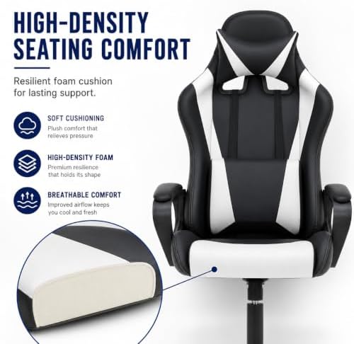 BestOffice High-Back Gaming Chair PC Office Chair Computer Racing Chair PU Desk Task Chair Ergonomic Executive Swivel Rolling Chair with Lumbar Support for Back Pain Women, Men,White