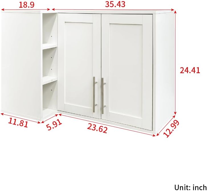 L Shape Wall Mounted Storage Cabinet, White Floating Sideboard Buffet Cabinet with 2 Doors & 3 Open Shelves, Wall Storage Organizer for Kitchen Dining Room