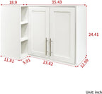 L Shape Wall Mounted Storage Cabinet, White Floating Sideboard Buffet Cabinet with 2 Doors & 3 Open Shelves, Wall Storage Organizer for Kitchen Dining Room