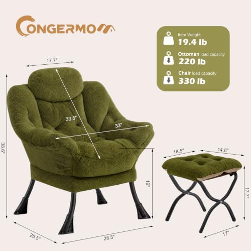 Lazy Chair with Folding Ottoman,Leisure Sofa Chair,Soft Fabric Armchair with Armrests and Side Pockets, Reading Chair with Footrest for Living Room, Bedroom, Office (Plush Green)
