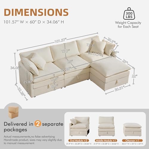 WorthFurni Modular Sectional Sofa with Storage Ottomans,103" L-Shaped Cloud Couch,Comfy Modern Couches with Pillows & Upholstered Deep Seat Cushion for Apartment Living Room Bedroom（Beige）