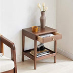Telephone Table, Side Table with Drawer,Solid Wood Nightstand,Sofa Telephone Tables,Small Living Room Coffee Table,Double-Layer Storage,Walnut Color