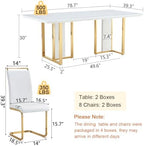 79" White Gold Dining Table Set for 8, Luxury Faux Marble Dining Table Set for 8 with White Gold Chairs, Kitchen Table Set with Gold Chrome Legs for Dining Room, Office