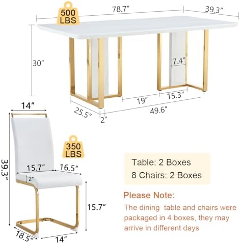79" White Gold Dining Table Set for 8, Luxury Faux Marble Dining Table Set for 8 with White Gold Chairs, Kitchen Table Set with Gold Chrome Legs for Dining Room, Office