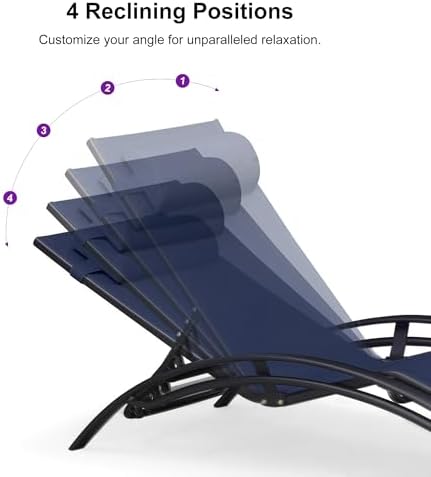 PURPLE LEAF Pool Lounge Chaise Set of 3 Outdoor Lounger Chair, Navy Blue | 2 Chaise + 1 Table, Aluminum Frame, Adjustable Headrest & 5 Recline Angles, Stackable, UV Textilene Fabric, S-Curve Backrest