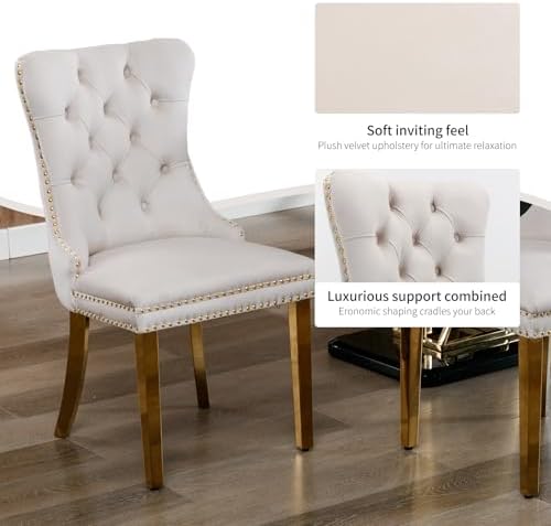 Velvet Dining Chairs Set of 4, Mid Century Tufted Dining Room Chairs with Nailhead Back Ring, Metal Legs, Modern Style for Kitchen, sillas de comedor (Beige, Golden Legs, 4 Pcs)