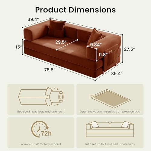 78.8" Convertible Futon Sofa Bed, Couch for Living Room | Corduroy Loveseat Sleeper Sofa, Modular Futon Couch with Storage Pocket, Pull Out Couch No Assembly | Rust Red