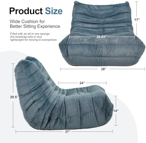 Hobestluk Big Bean Bag Chairs for Adults Fireside BeanBag Couch Togo Sofa | Ergonomic Design,Memory Foam,No Assembly,Faux Fur Fireside Lounge Floor Chair Back Support Bedroom | Bluegrey Plush Single