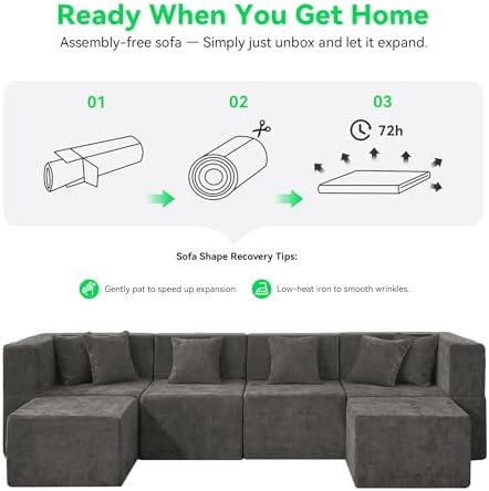 MONVANE U Shaped Sectional Couch Oversized, Chenille, Gray | 6-Seat Sectional Couch for Living Room, Modular Cloud Sofa with Ottoman & 6 Throw Pillows, No Assembly Required