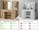 AMERLIFE 47.2" Fluted Vanity Desk with Mirror and Lights, Natural Oak | Large 7 Drawers Wood Makeup Vanity Table with Glass Top and Charging Station for Women and Girls, Bedroom or Dorm