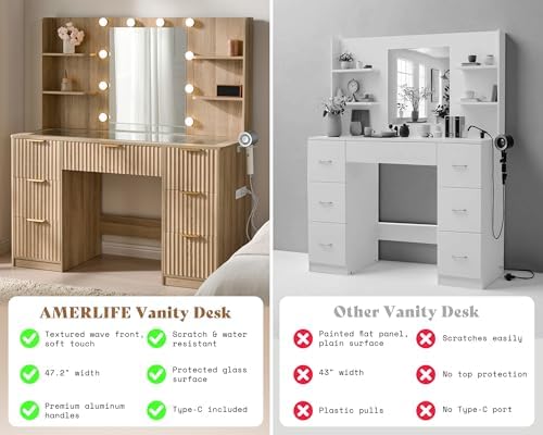 AMERLIFE 47.2" Fluted Vanity Desk with Mirror and Lights, Natural Oak | Large 7 Drawers Wood Makeup Vanity Table with Glass Top and Charging Station for Women and Girls, Bedroom or Dorm