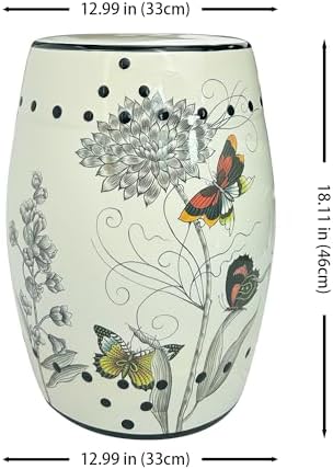 Hand-Painted Floral Bird Ceramic Drum Stool - Oriental Artistry Storage Ottoman, Accent Seat, End Table (The Butterfly‘s Floral Dance)