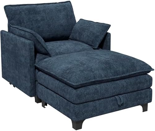 Accent Sofa Chair with Storage Ottoman, Cloud Sigle Couch with Side Pocket for Living Room, Bedroom and Apartment, Navy Blue
