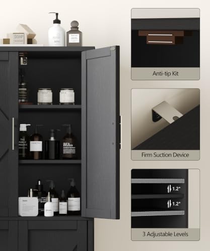 Akxomel 63''H Tall Farmhouse Bathroom Storage Cabinet with 4 Doors Black | Floor Storage Cabinet with Barn Doors, Adjustable Shelf, Pantry Cabinet for Kitchen, Laundry Room, Living Room, Entryway