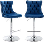 33’’ Velvet Swivel Bar Stools Set of 2 Kitchen Counter Adjustable Height Upholstered Barstools with Silver Leg and Back for Kitchen Island, Bar, Dining Room(Blue-Silver Leg,Set of 2)