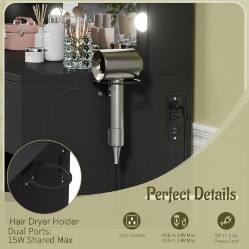 YESHOMY Vanity Desk with Mirror, Makeup Table, Pure Black | 2 Large Drawers, Power Outlet and Round Holder, 3 Color Modes Adjustable Bulb, Bench Included