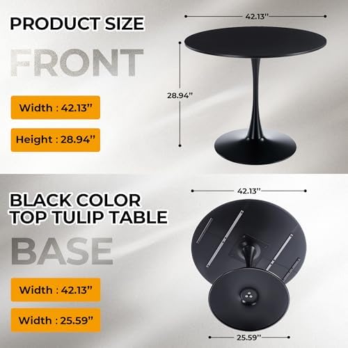 42" Tulip Table for 4-6 Persons Modern Round Dining Room Table, Mid-Century Modern Black Small Kitchen Table with MDF Wooden Top, Leisure Coffee Table for Living Room, Dining Room, Office
