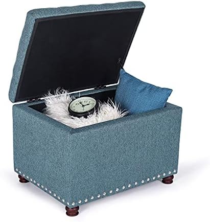 24’’ Rectangular Upholstered Storage Ottoman for Living Room | Fabric Foot Stool with Nail-head Trim- Chests and Organizers , Load Up to 350 lb, Lake Blue