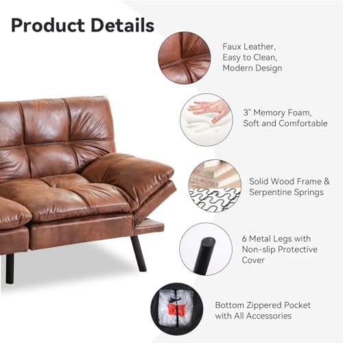 71" Convertible Futon Sofa Bed,Brown Faux Leather Futon Couch,Memory Foam Reclining Sleeper Sofa Bed,Modern Folding Small Loveseat Couches for Living Room,Office,Apartment