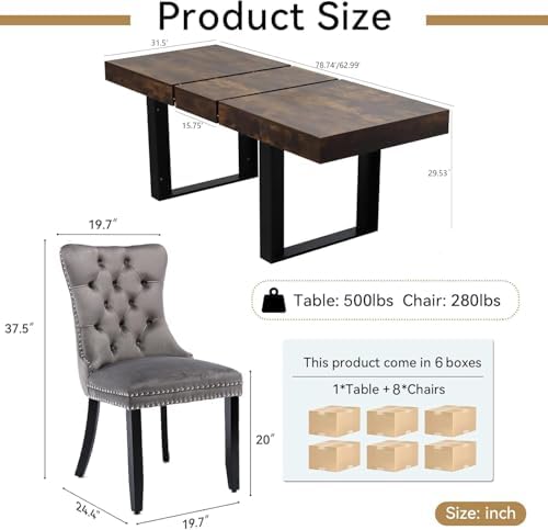 9-Piece Extendable Dining Table Set for 8, 63-78 Inch Rustic Brown Kitchen Tables Set with 8 Grey Tufted Chairs Farmhouse Wood Expandable Dining Room Table Set 8 for Kitchen Dining
