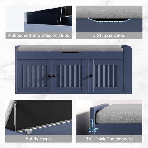 42.6" Storage Bench - Shoe Storage Bench with Side Storage Shelves and 3 Doors, Multifunctional Entryway Bench with Lift Top Cushion, Shoe Bench for Bedroom, Living Room, Entryway, Navy Blue