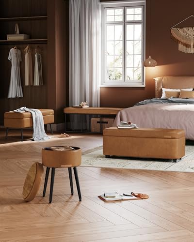 VASAGLE Storage Ottoman Bench with Stitching, PU Leather, Entryway Bedroom | Ottoman Bench, Mid-Century Modern, with Stitching, Bedroom, Living Room, Caramel Brown, EKHO Collection ULOM075K01