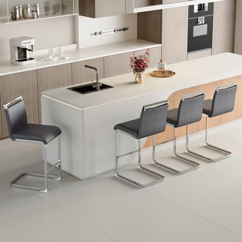 Counter Height Bar Stools Set of 4 - Grey Bar Stools for Kitchen Island,25'' Counter Stools with Leather Upholstered Seat,Metal Kitchen Island Chairs Ideal for Bar,Pub,Coffee Shop