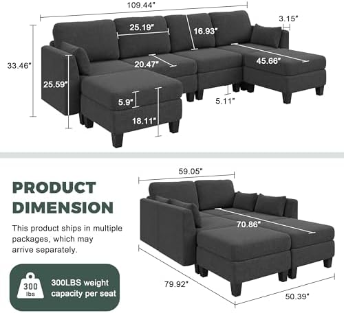 Modular Sectional Sofa 6 Seaters Modular Sleeper Sofa Couch | Comfy Sectionals Couches Bed, Convertible Sofas with Ottomans, Sectional Couches for Living Room, Dark Gray