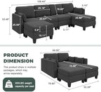 Modular Sectional Sofa 6 Seaters Modular Sleeper Sofa Couch | Comfy Sectionals Couches Bed, Convertible Sofas with Ottomans, Sectional Couches for Living Room, Dark Gray