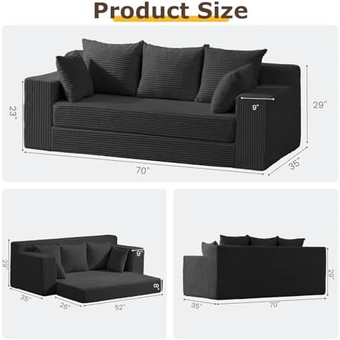 3 Seater Couch for Living Room, Convertible Futon Sofa Bed Comfy Pull Out Couch with 5 Pillows & Detachable Washable Cover, Upholstered Floor Sofa in A Box, No Assembly Required, Black