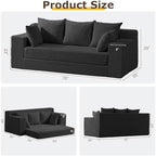 3 Seater Couch for Living Room, Convertible Futon Sofa Bed Comfy Pull Out Couch with 5 Pillows & Detachable Washable Cover, Upholstered Floor Sofa in A Box, No Assembly Required, Black