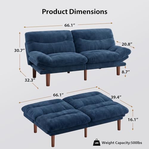 Pipishell Futon Sofa Bed, Modern 66" Futon Couch Convertible to Bed & Lounger, Compact Size, Corduroy Loveseat, Durable Construction - Fits Small Spaces, Apartments,Study Room (Blue, 66 Inch)